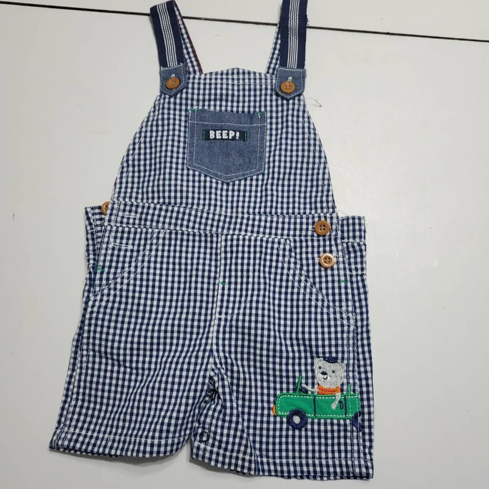 Boy Overall 12 Month White Blue Gingham Beep Adjustable Strap Pockets Embroidery